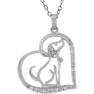 Cubic Zirconia Sterling Silver Open Heart Dog Pendant, 18"