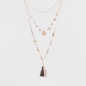 Disc charms, Glitzy Beads, and Tassels Choker Necklace - Rose Gold