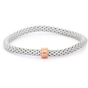 Giuliano Mameli Sterling Silver Rhodium-Plated Popcorn Chain Bangle with Rose Gold-Plated Rondell