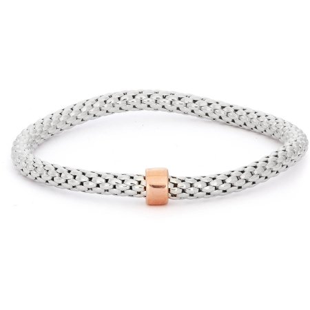 Giuliano Mameli Sterling Silver Rhodium-Plated Popcorn Chain Bangle with Rose Gold-Plated Rondell