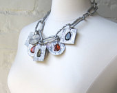 Silver Metallic Choker/Necklace w. Circles Squares Colorful Charm Statement Necklace in Orange Gray OOAK Pauletta Brooks Wearable Art