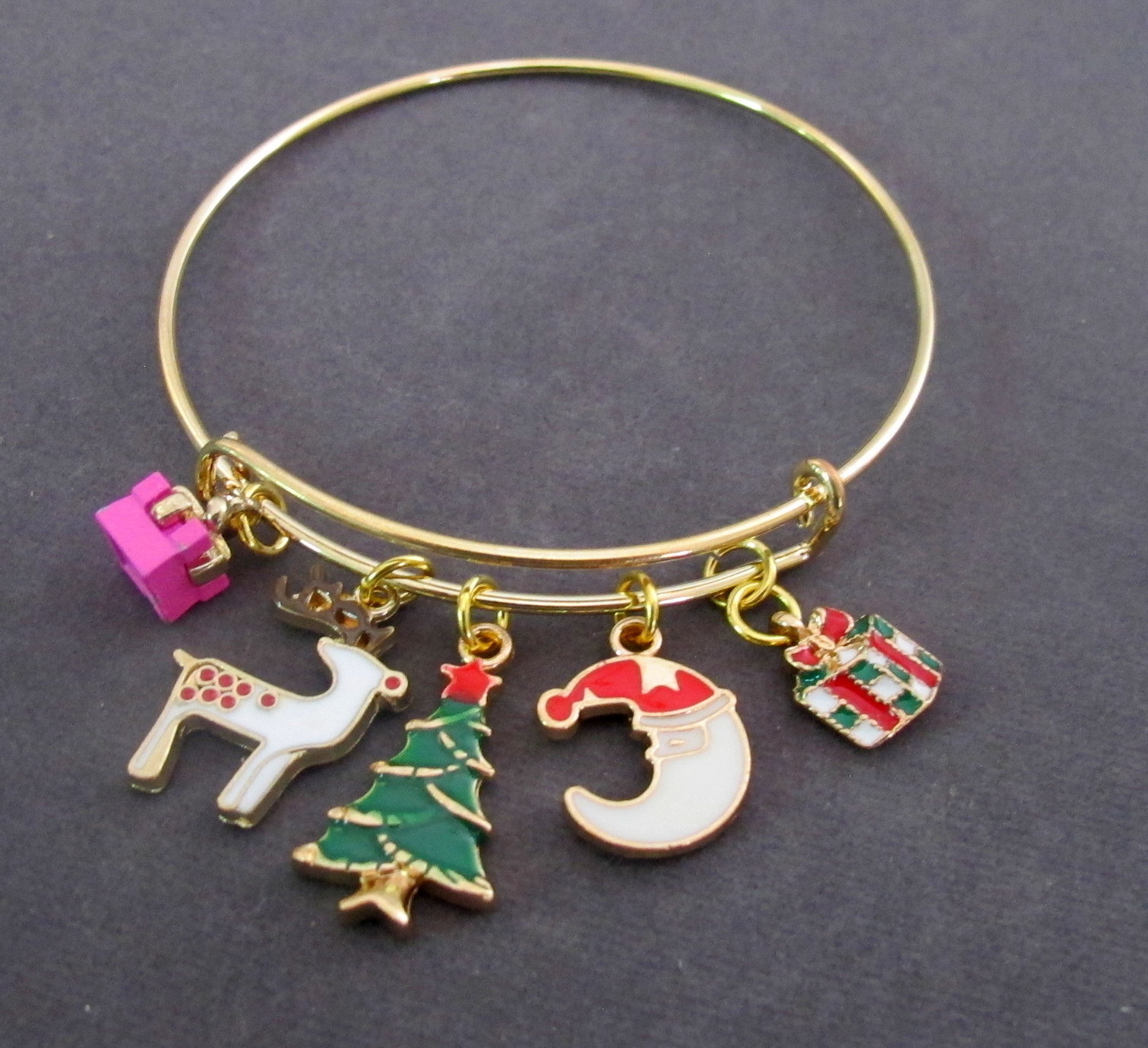 Gold Bangle, Christmas Charm Bangle Bracelet, Christmas Gift, Christmas Jewelry,