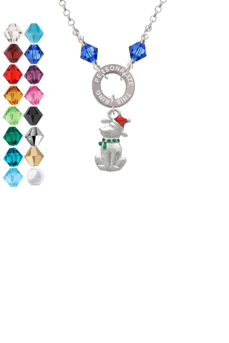 2-D Christmas Dog with Red Hat Custom Engraved Name Ring Crystal Necklace
