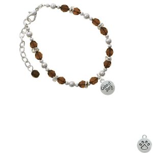 Good Dog with AB Crystal and Paw Print Brown Beaded Bracelet