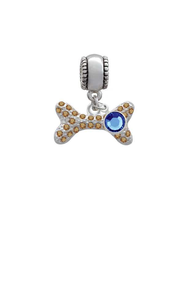 Large Brown Crystal Dog Bone Silver Plated Charm Bead with Crystal Drop, Select Your Color
