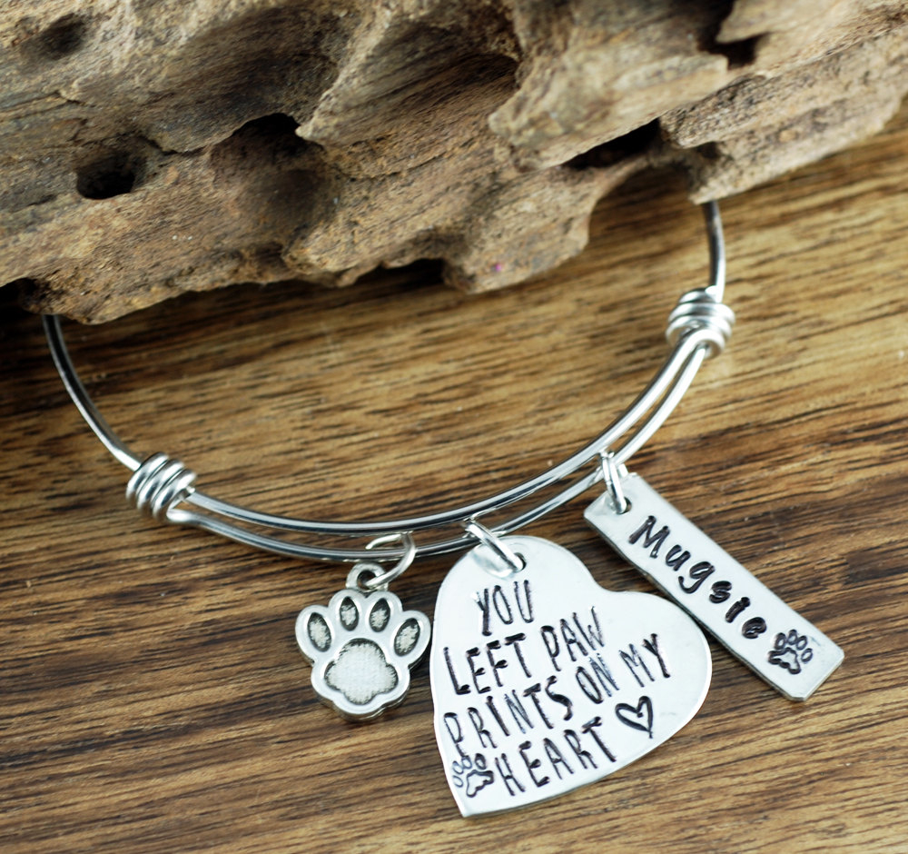 Pet Memorial Bracelet, Personalized Bangle Bracelet, You left Paw Prints on my Heart, Loss of Pet, Pet Memorial Jewelry, Pet loss Jewelry