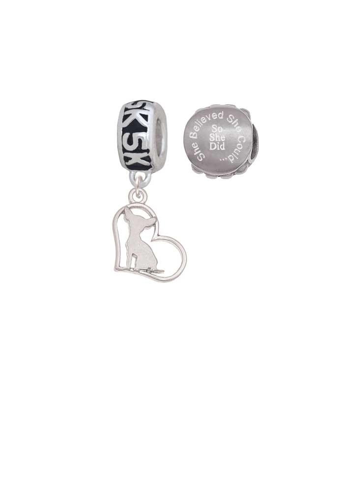Silvertone Chihuahua Silhouette Heart 5K Run She Believed She Could Charm Beads (Set of 2)