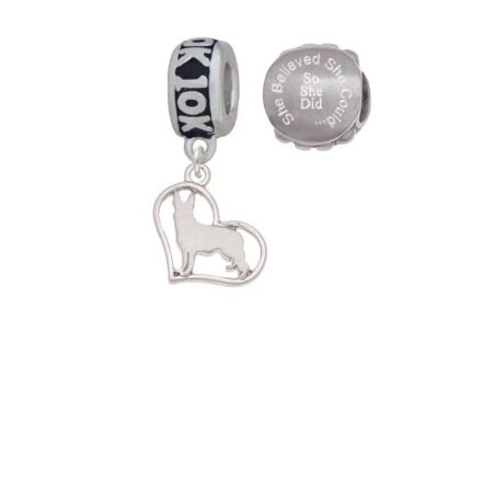 Silvertone German Shepard Silhouette Heart 10K Run She Believed She Could Charm Beads (Set of 2)