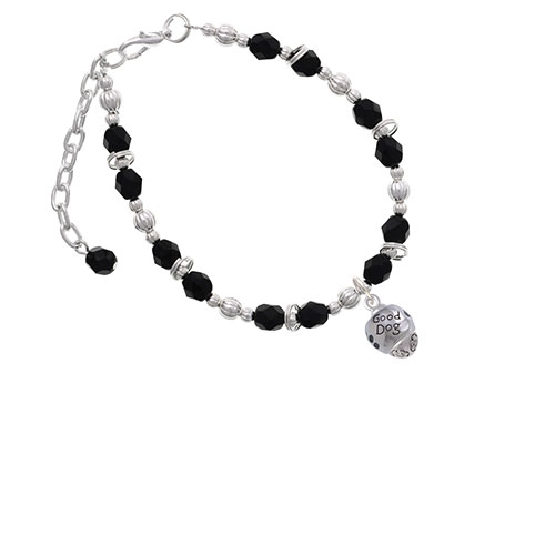 Silvertone Good Dog with Black Paw Spinners Black Beaded Bracelet