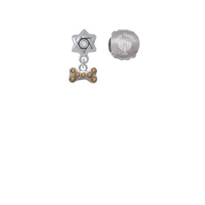 Silvertone Mini Brown Crystal Dog Bone Happy Hanukkah Charm Beads (Set of 2)