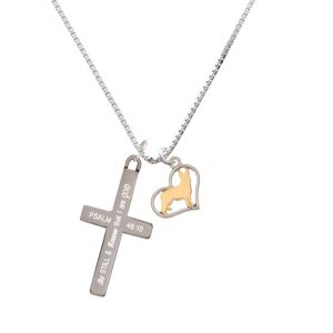 Two Tone German Shepard Silhouette Heart - Be Still and Know - Cross Necklace