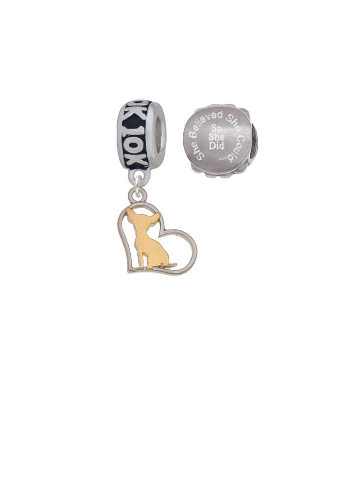 Two-tone Chihuahua Silhouette Heart 10K Run She Believed She Could Charm Beads (Set of 2)