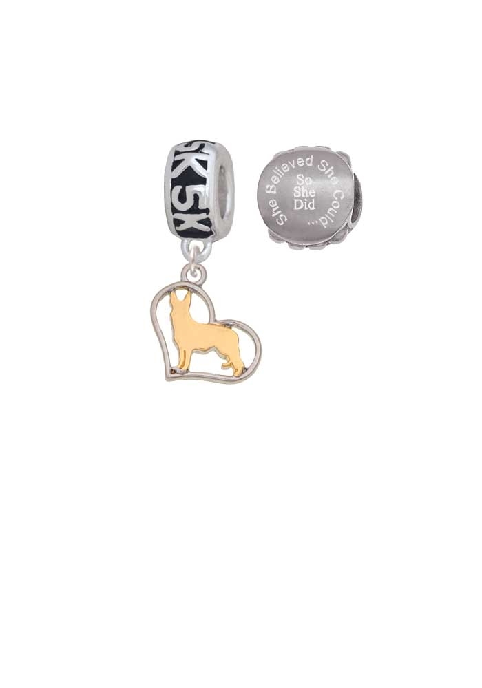 Two-tone German Shepard Silhouette Heart 5K Run She Believed She Could Charm Beads (Set of 2)